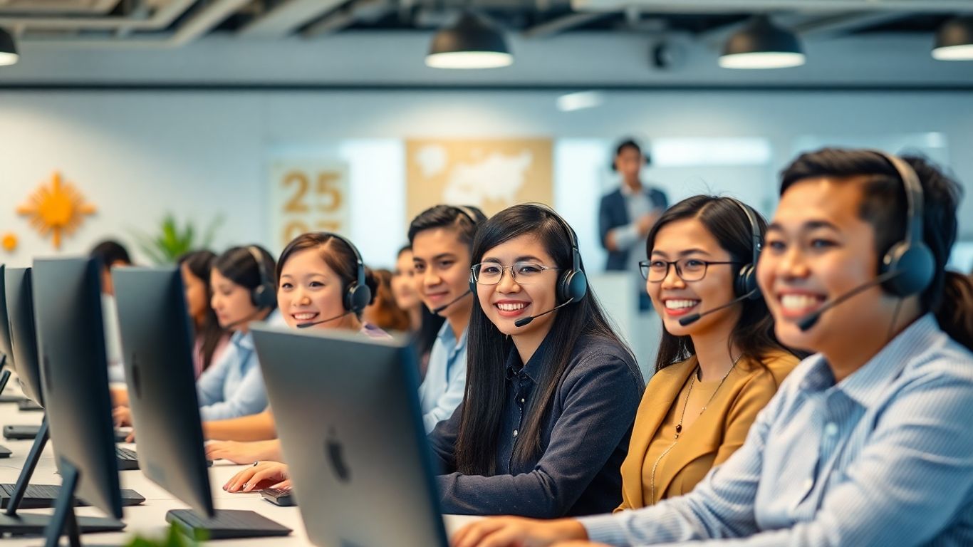 Filipino call center agents smiling in a modern office.