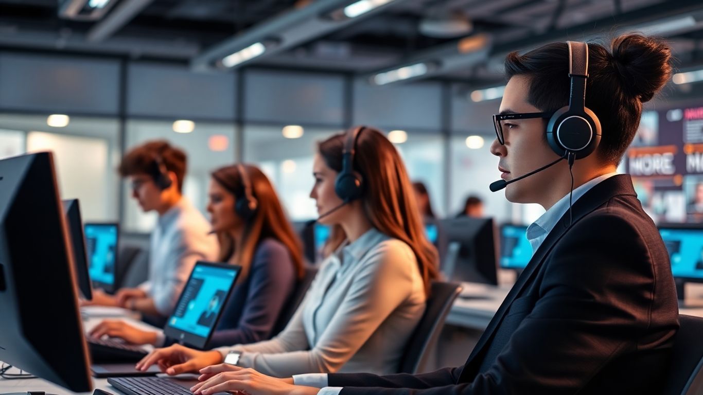 Call center agents with headsets in modern tech-enabled office