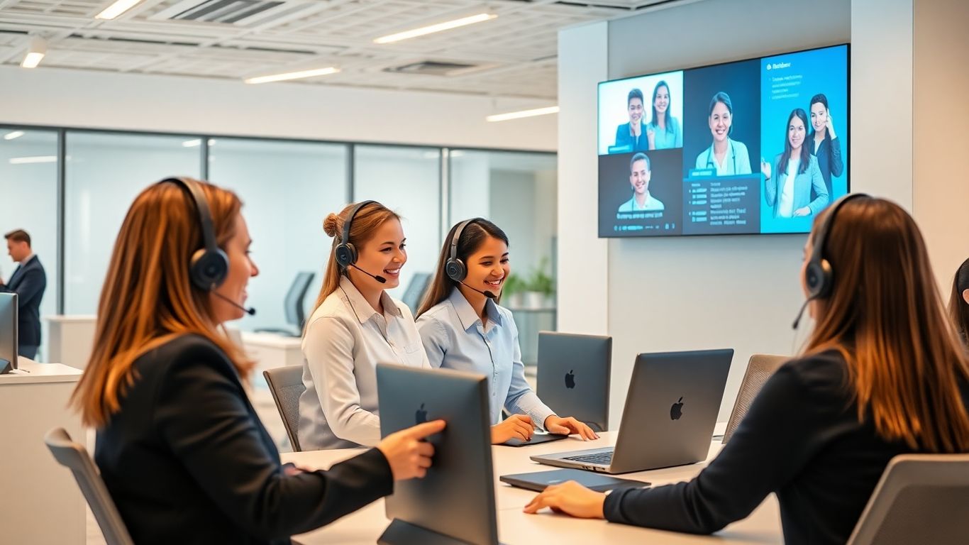 Futuristic call center agents helping customers with technology