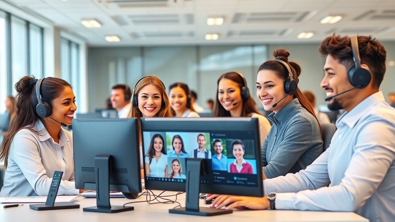 Modern call center agents assisting happy customers