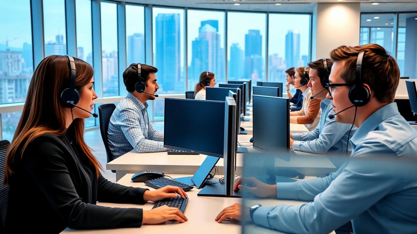 Modern call center with employees and computers