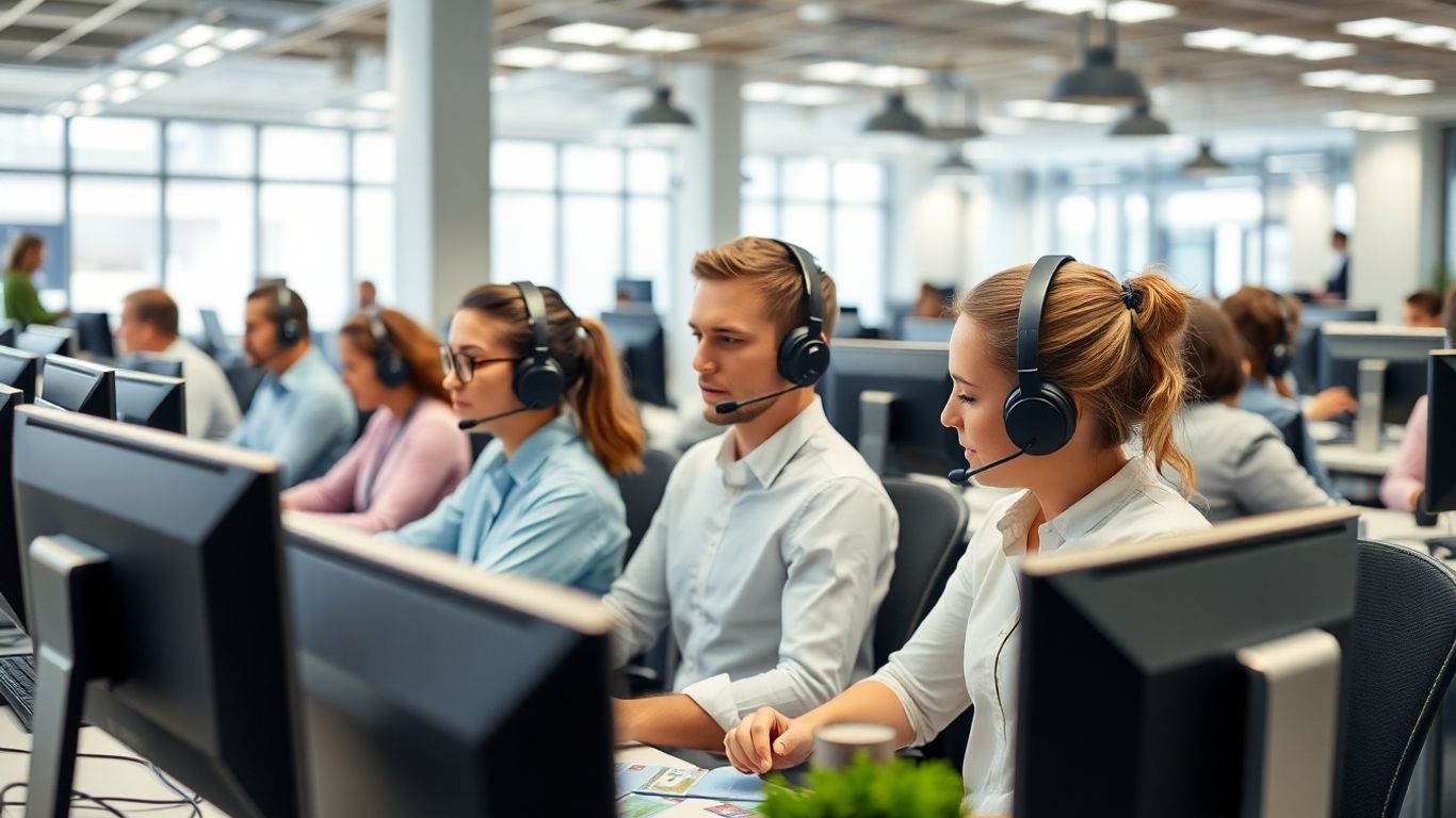 Call center agents with headsets and money on desks