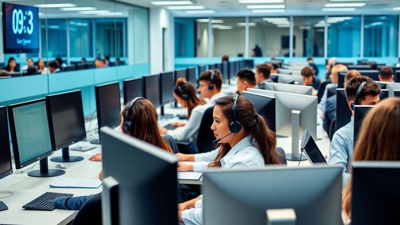 Call center agents working in modern office environment
