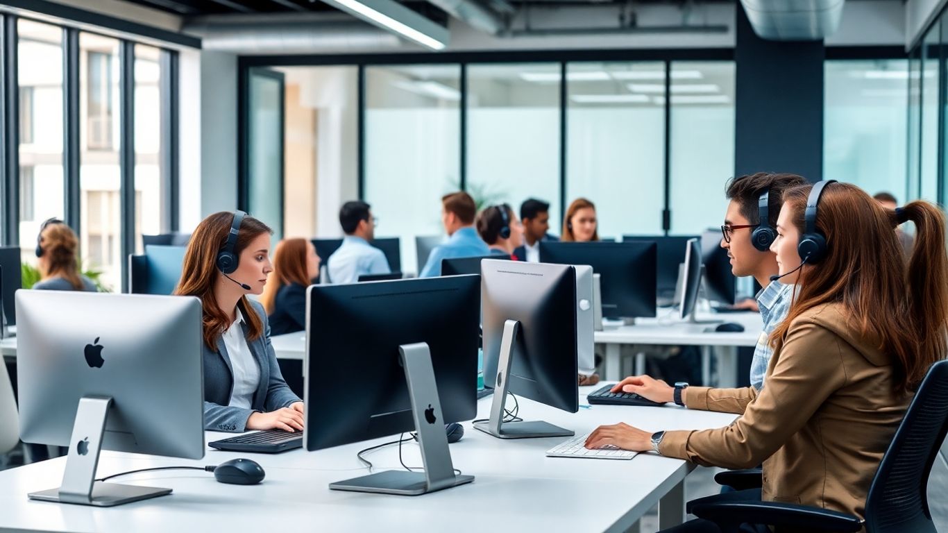 Office teams on headsets working in modern call centers