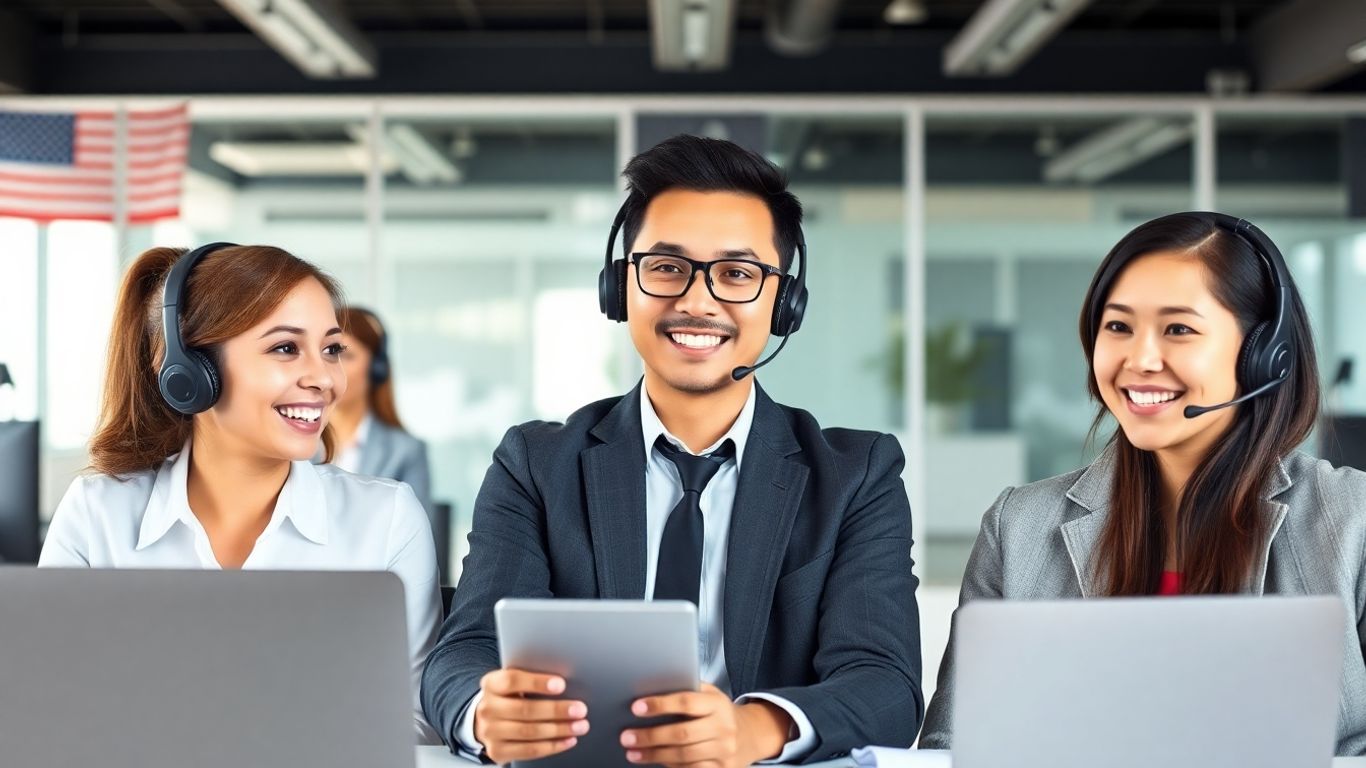 Diverse call center agents in international office settings