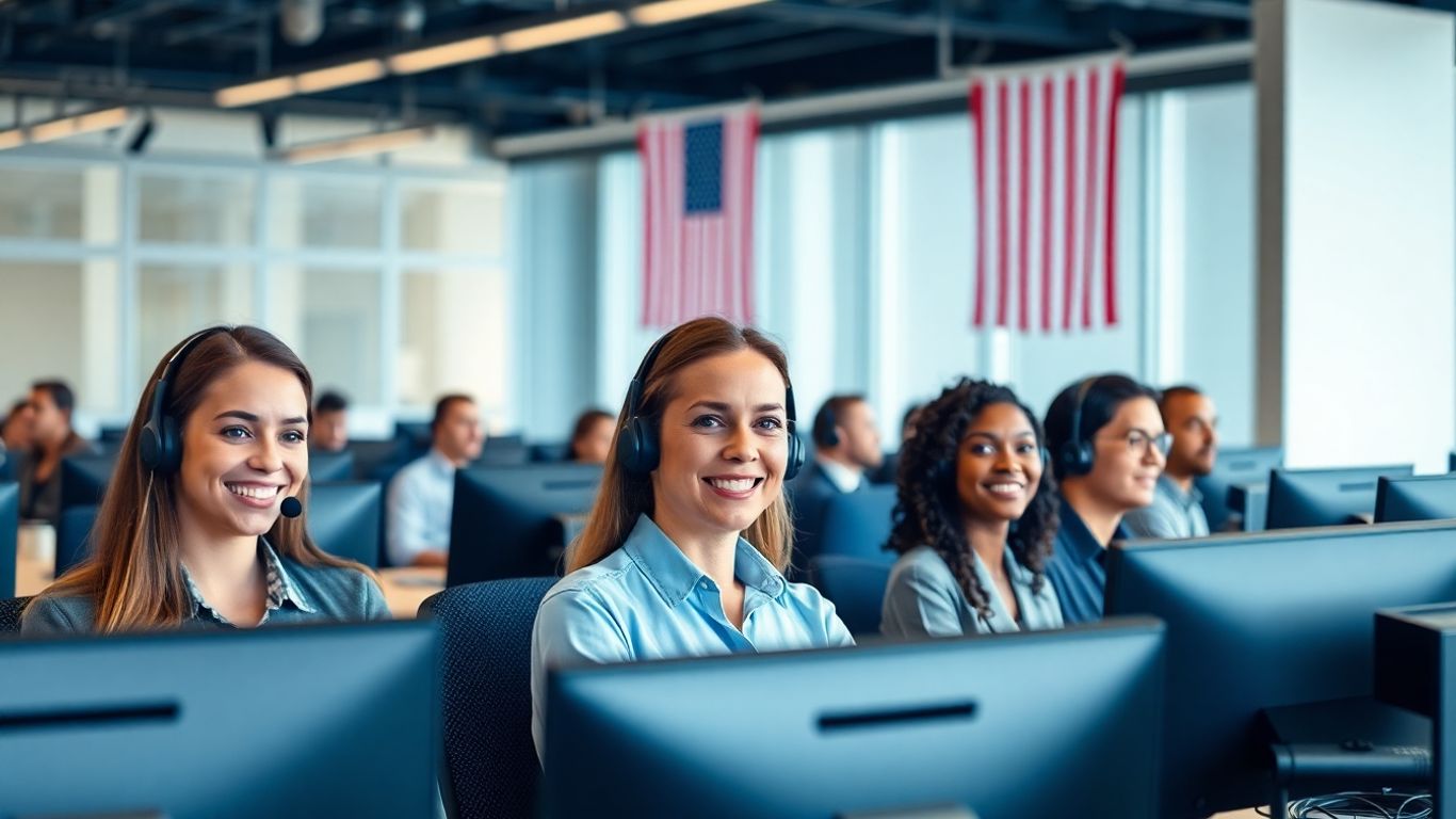 Call center agents with headsets in a US office