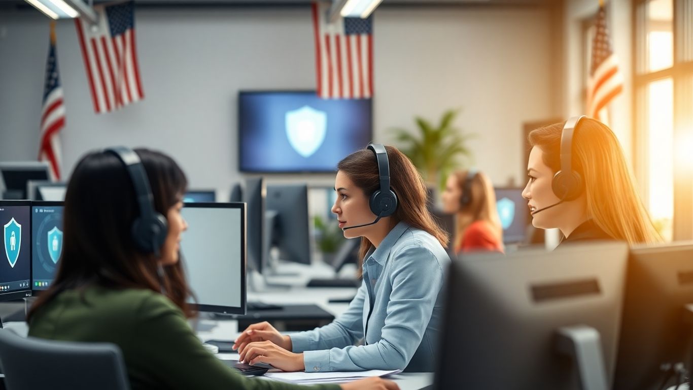 Diverse call center agents working with security-themed background