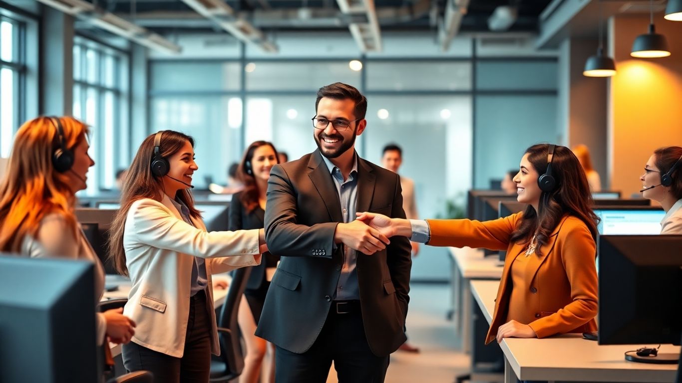 Business team with call center agents collaborating