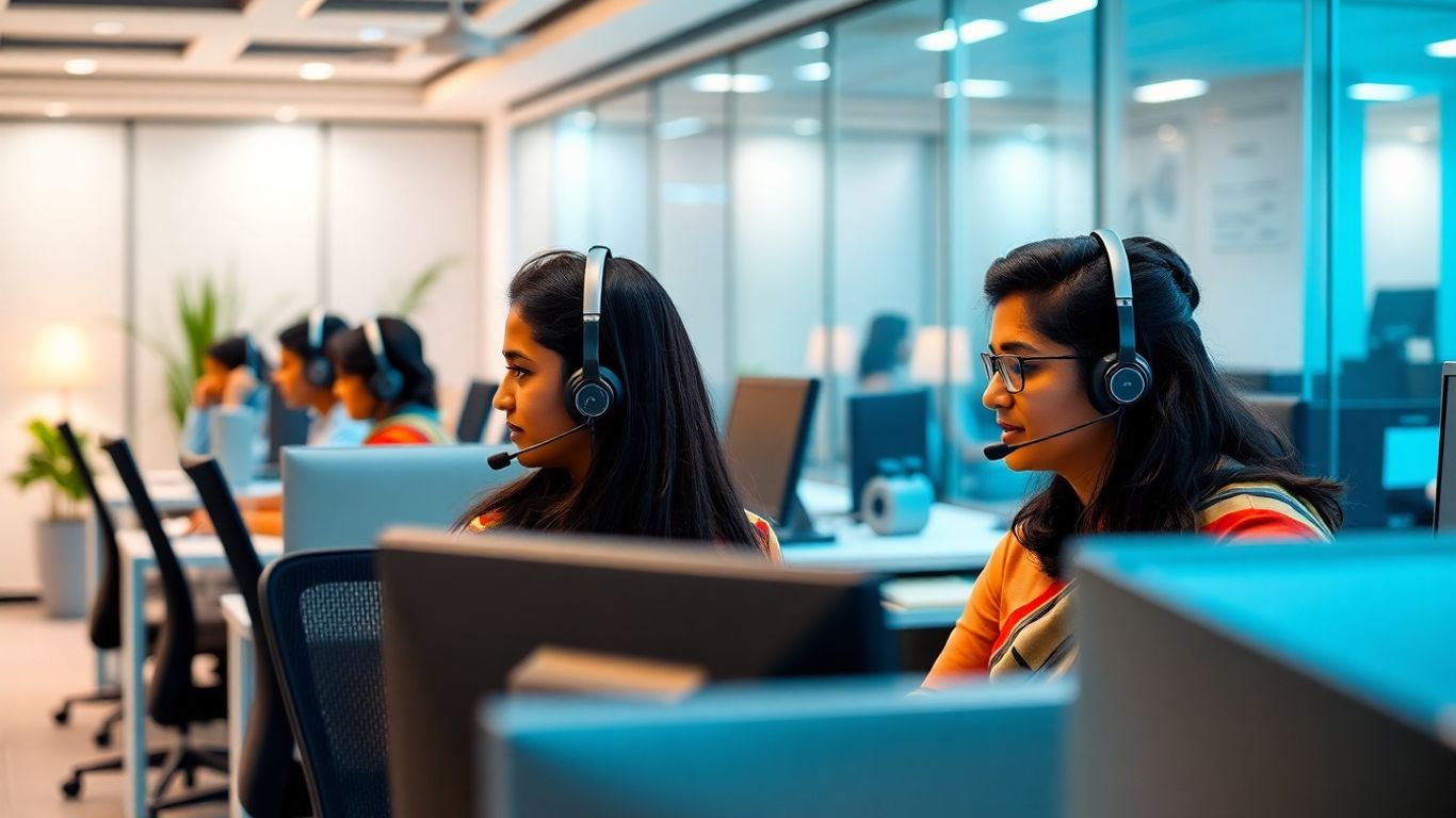 Indian call center agents working in secure office