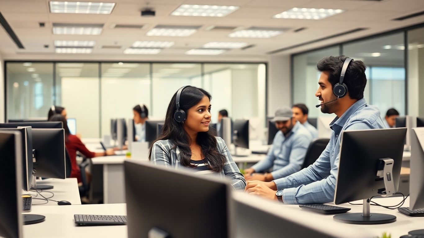 Indian call center agents working at modern desks