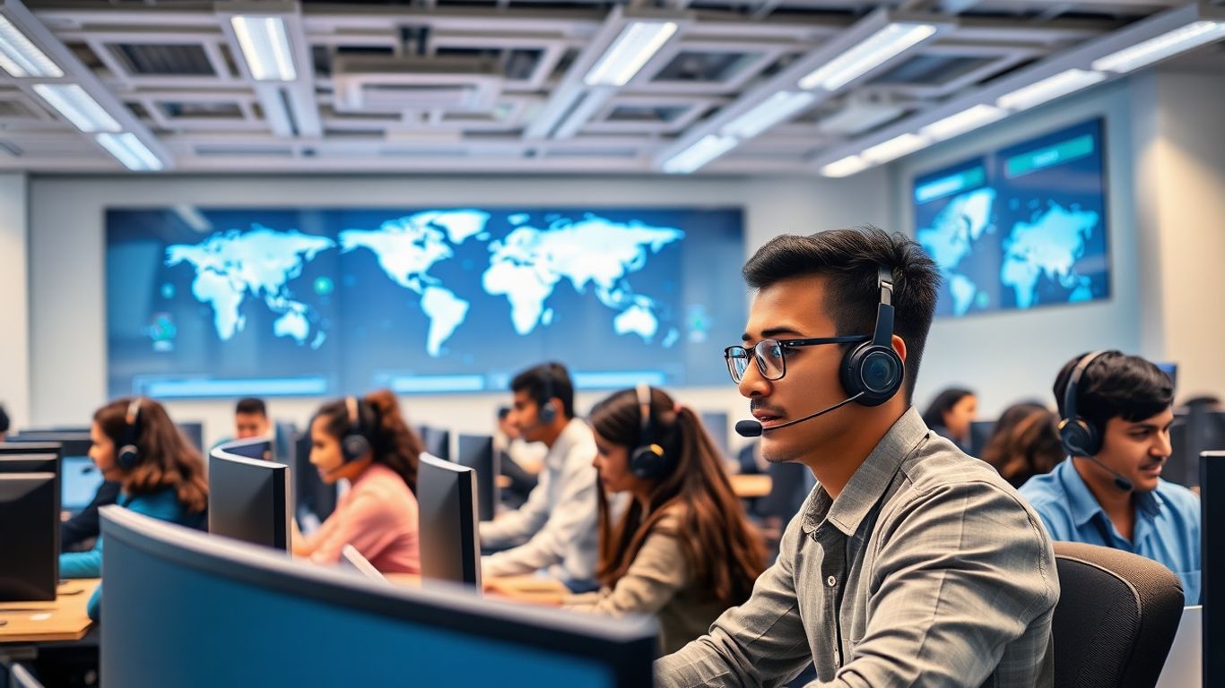 Indian call center agents working in 24/7 modern office