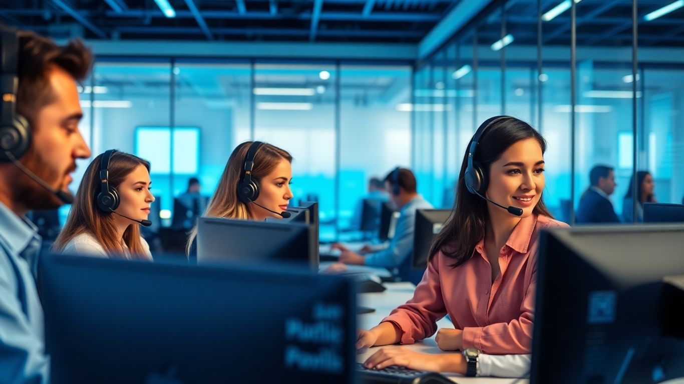 Modern AI call center agents working together, diverse team