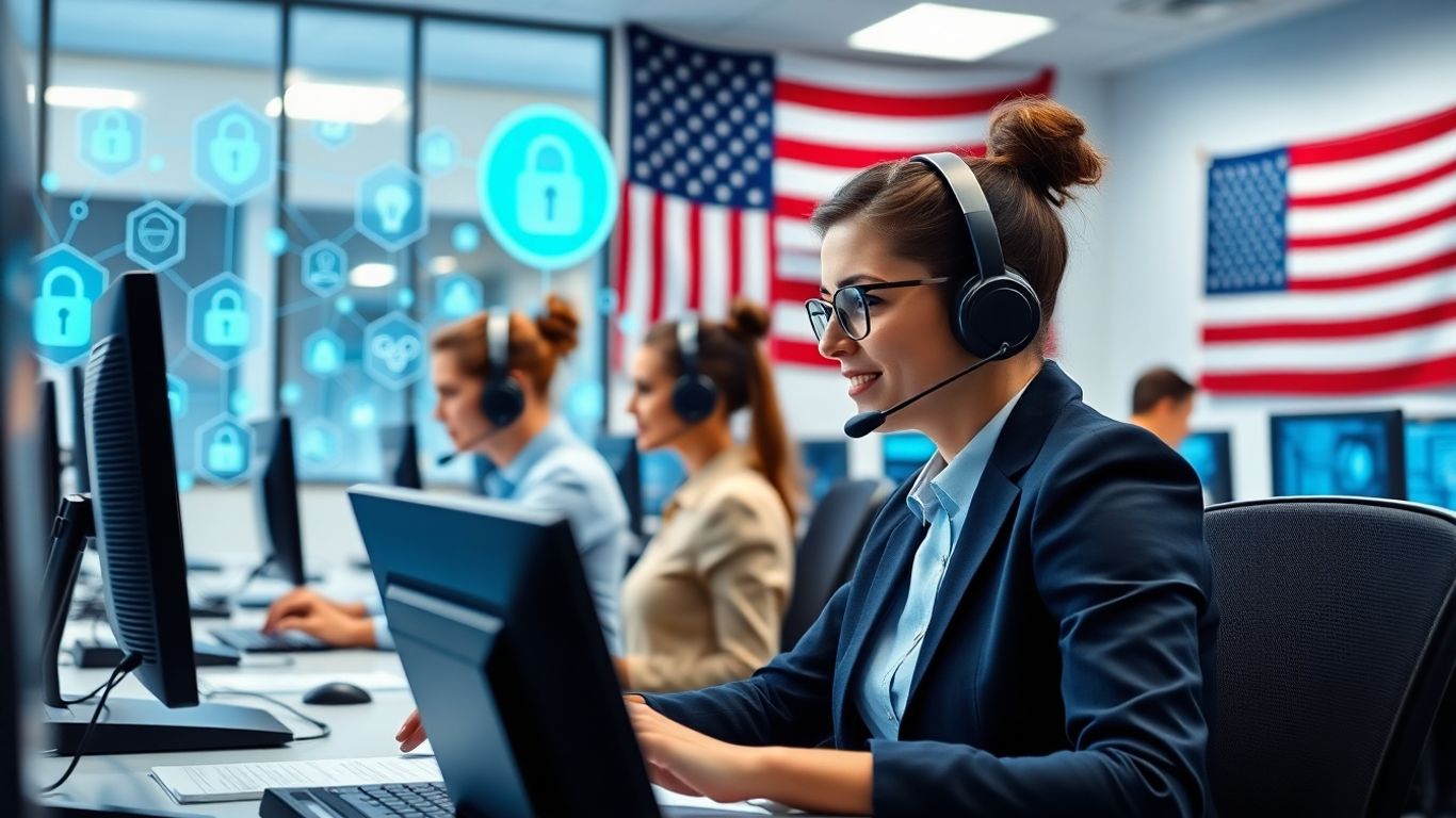 Call center agents with headsets in a modern office