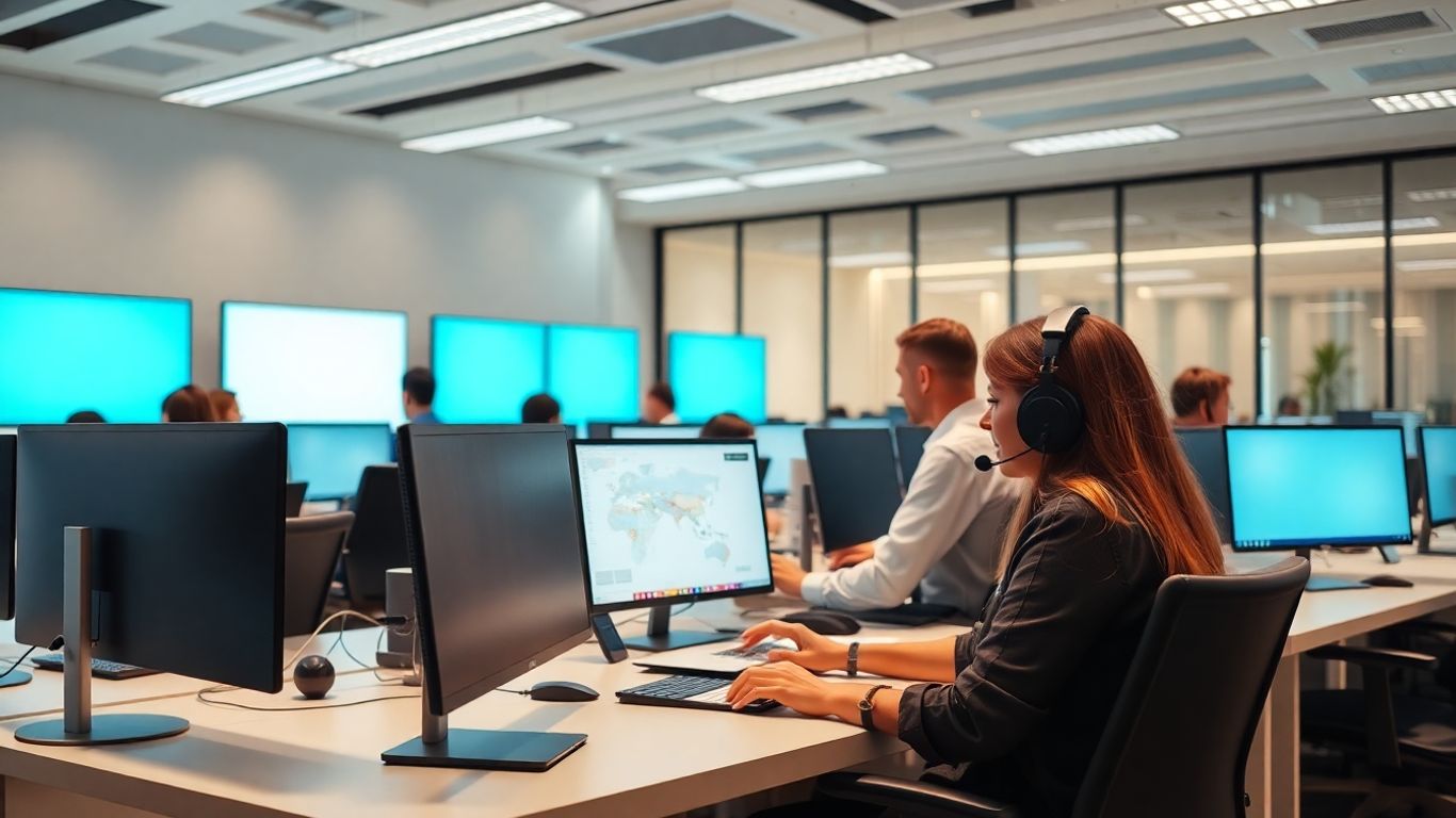 Modern call center with agents at computers working