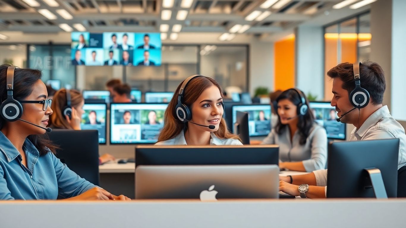 Call center agents at work in modern office