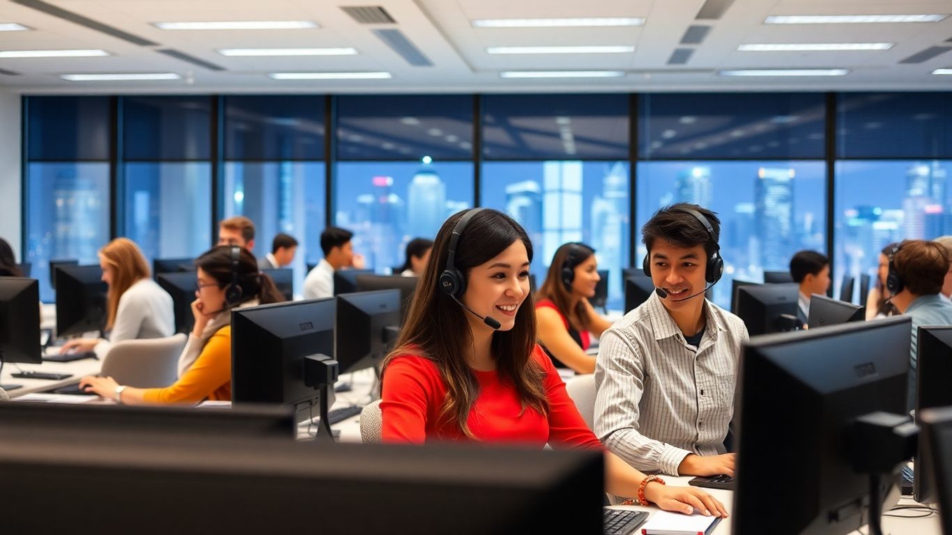 Diverse call center agents collaborating in modern bright office