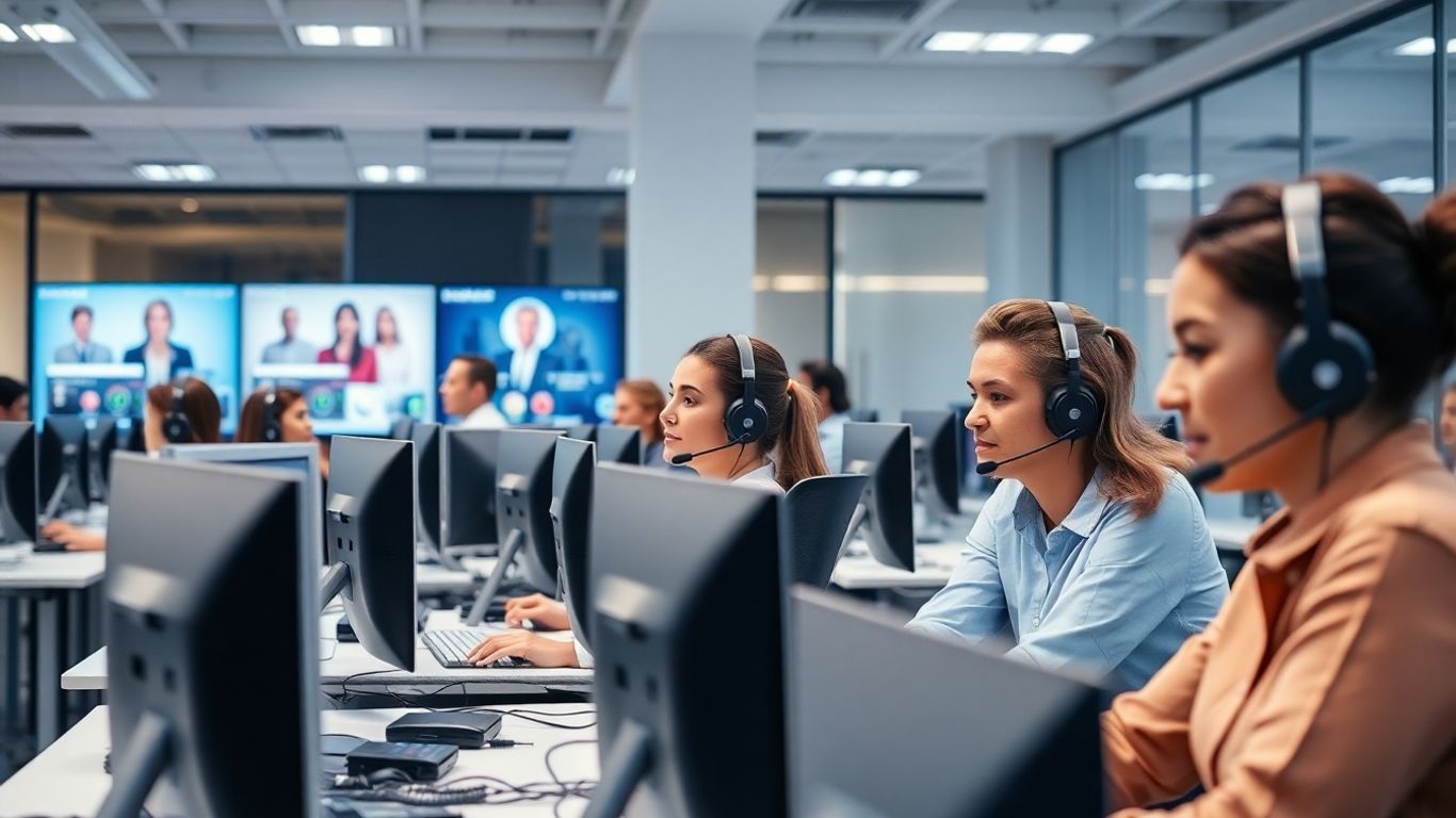 Customer service agents working in a modern office