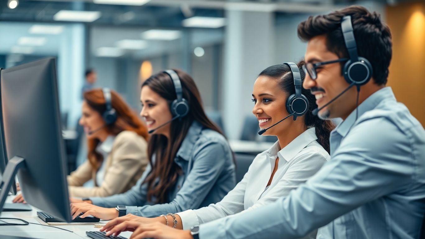 Customer service agents working in a modern call center.