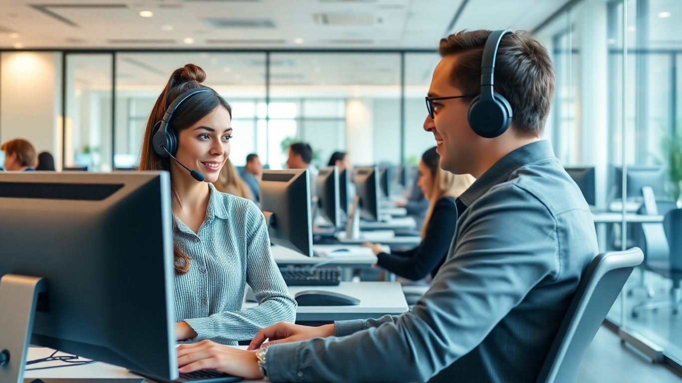 Call center agents working at computers in modern office
