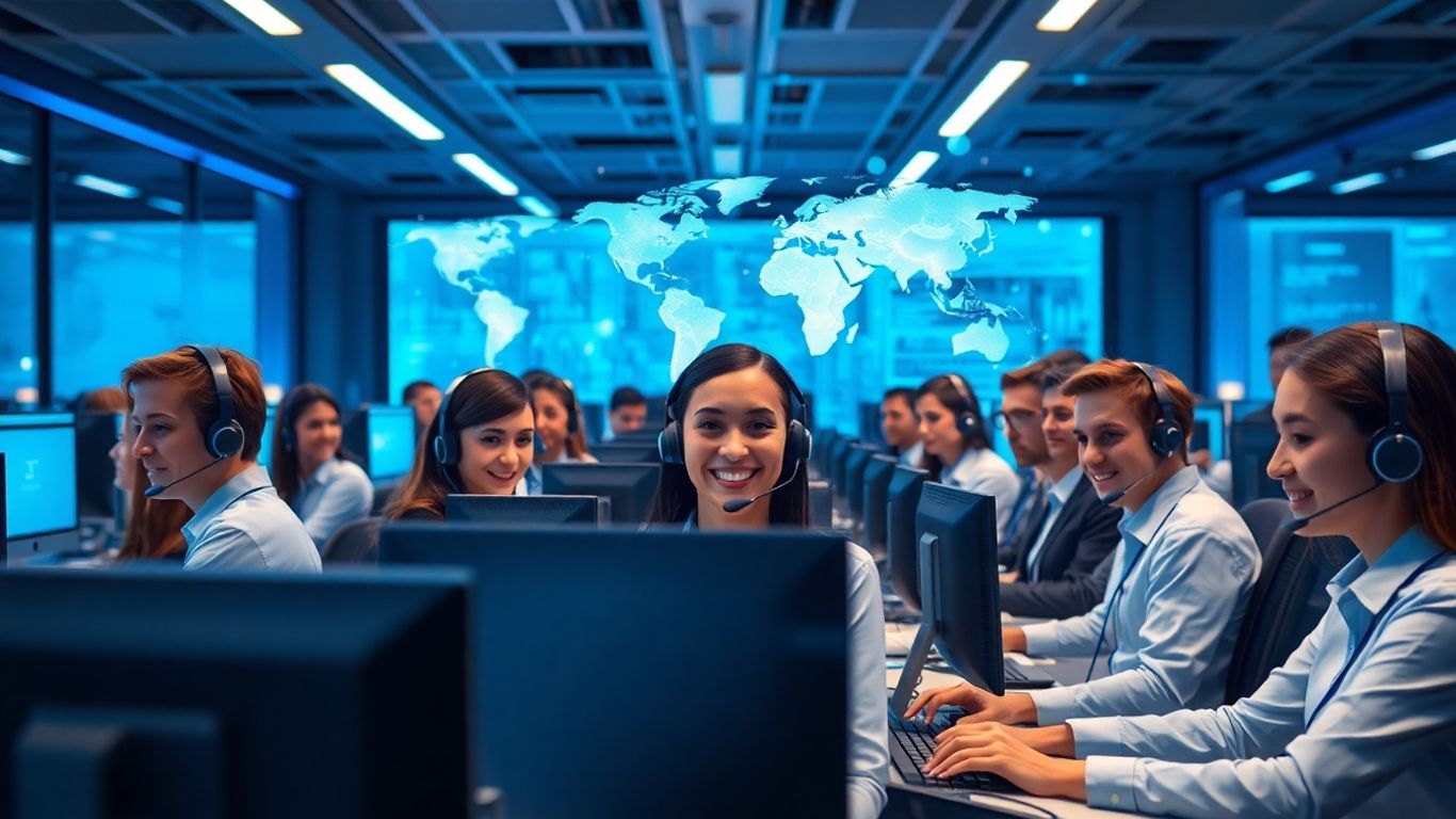 Modern AI-powered call center with agents and digital holograms