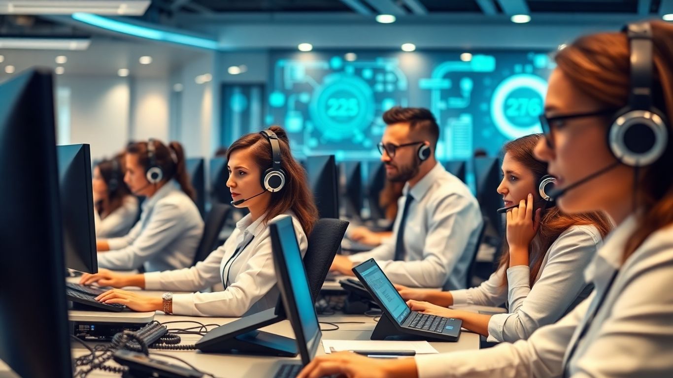 Modern call center agents using VoIP headsets, futuristic office