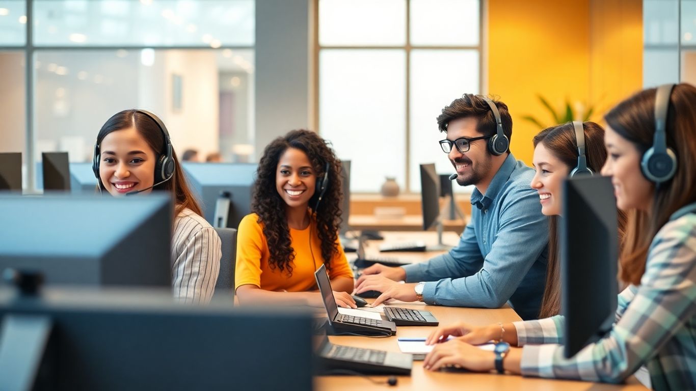 Call center agents helping customers in modern office