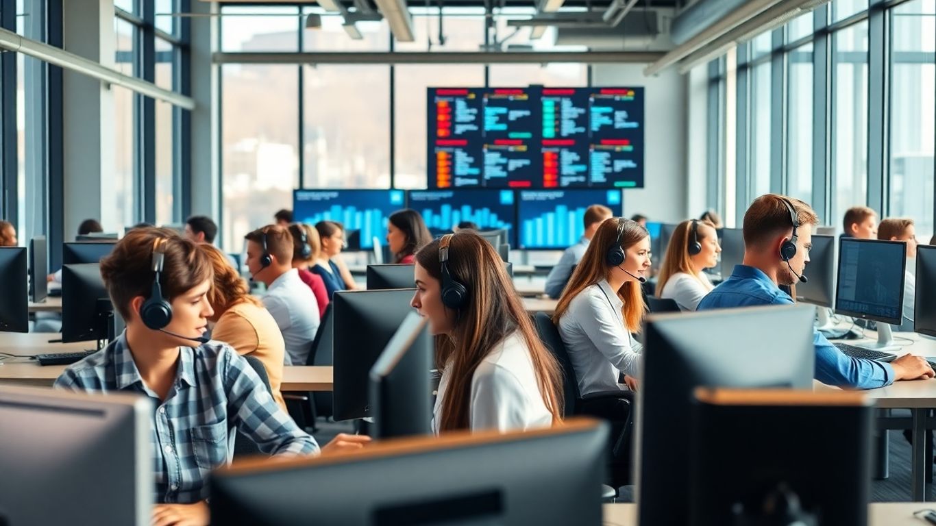 Modern call center agents at computers in sunlight