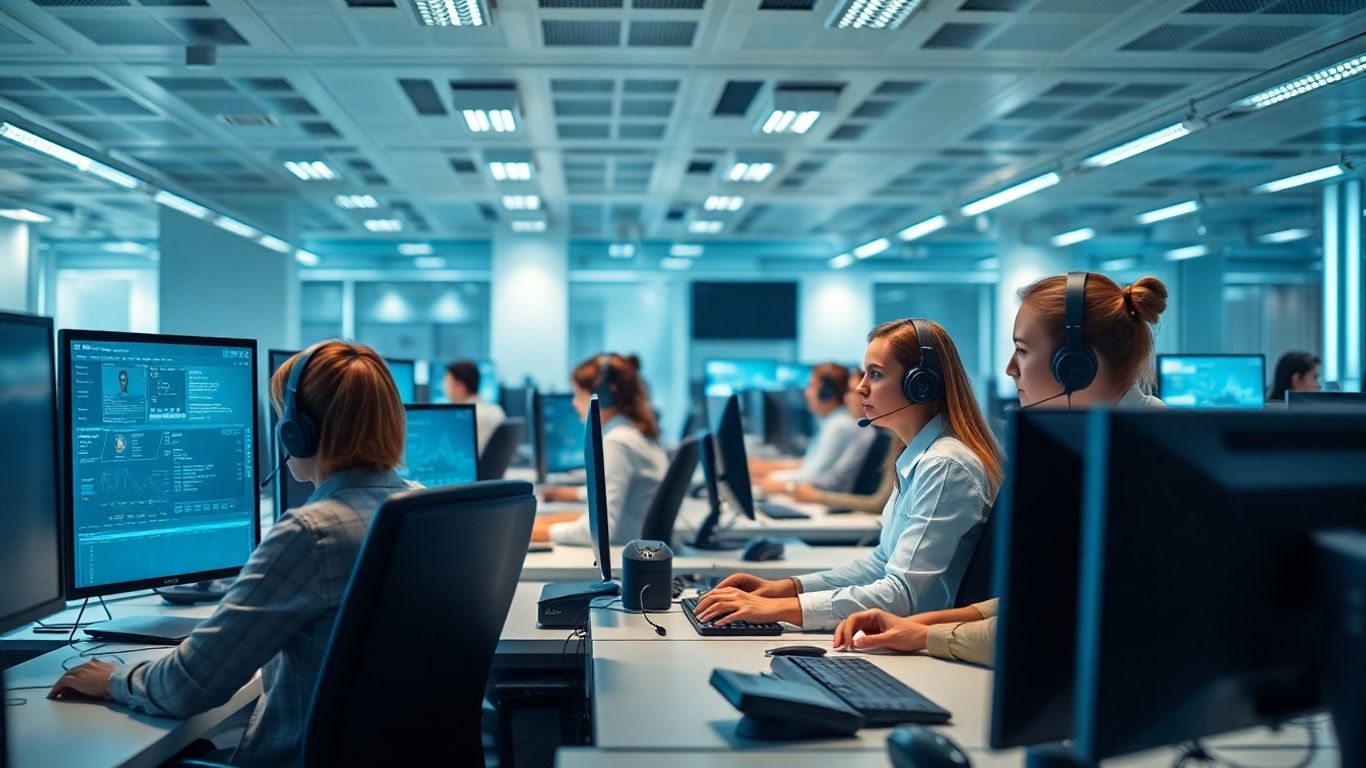 Call center agents using advanced technology in modern office