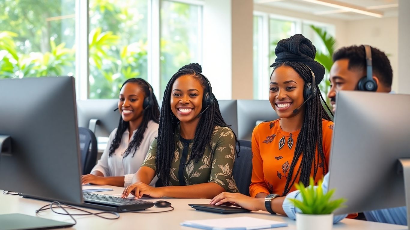 Jamaican call center agents working in a modern office.