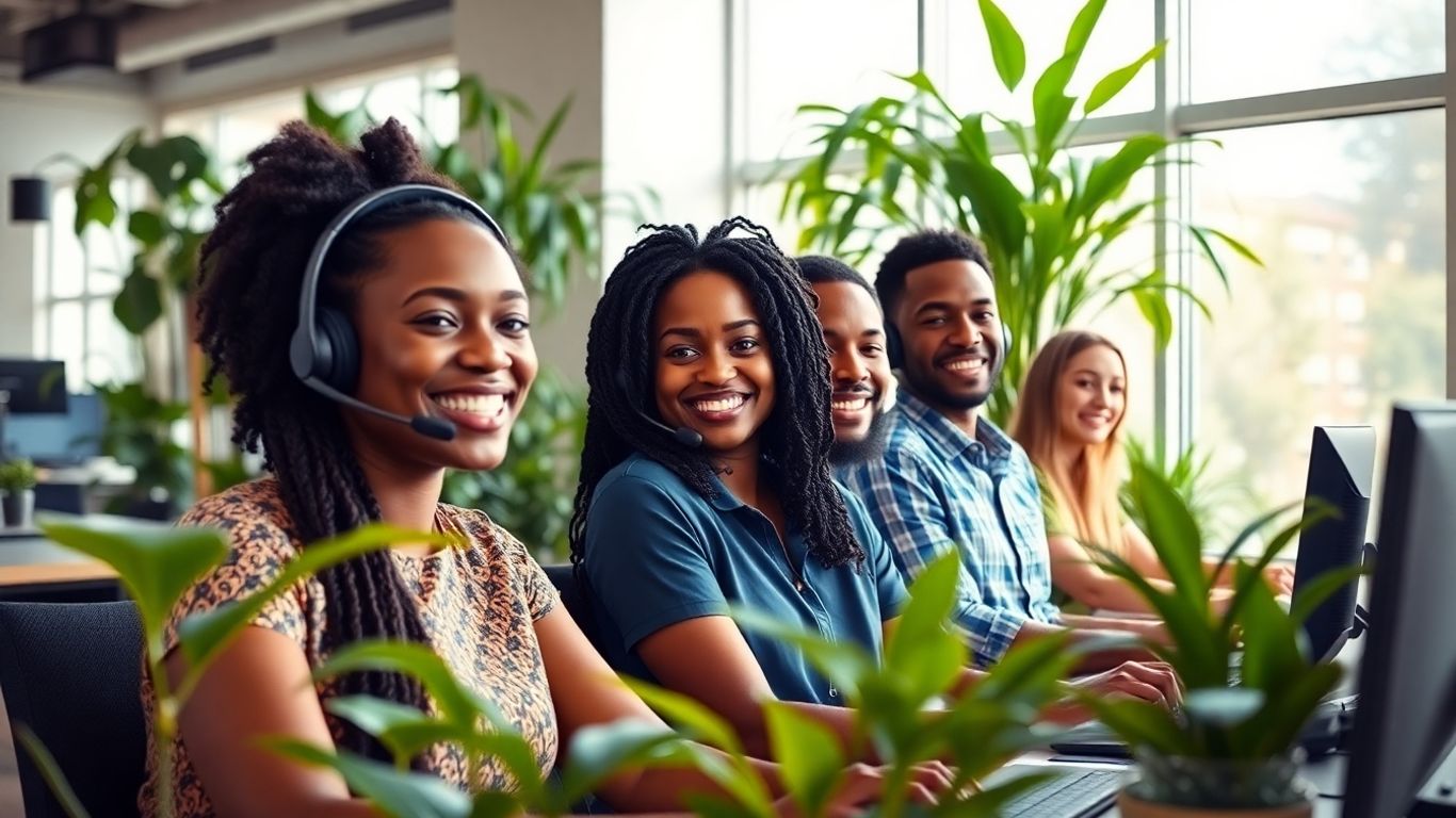 Jamaican call center agents in a bright sustainable office