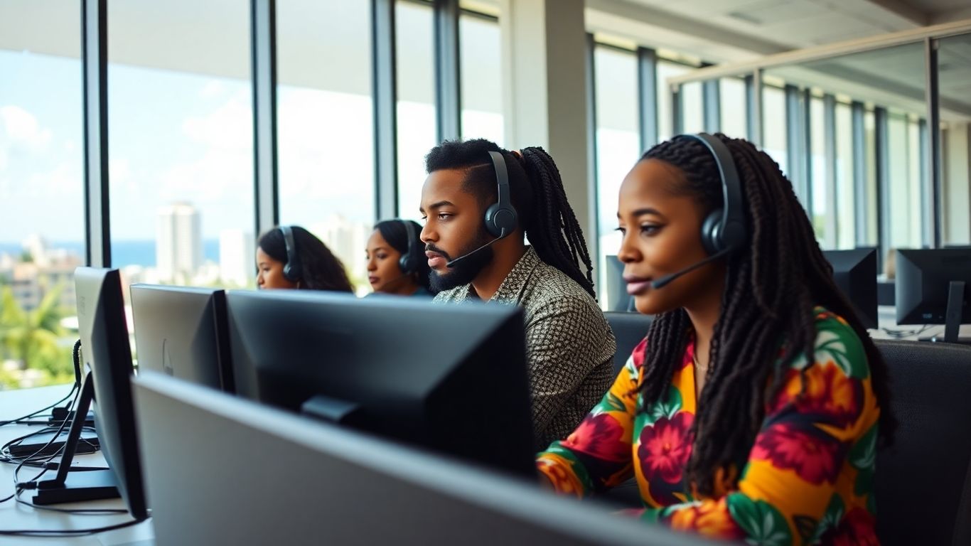 Jamaican call center agents working in bright modern office