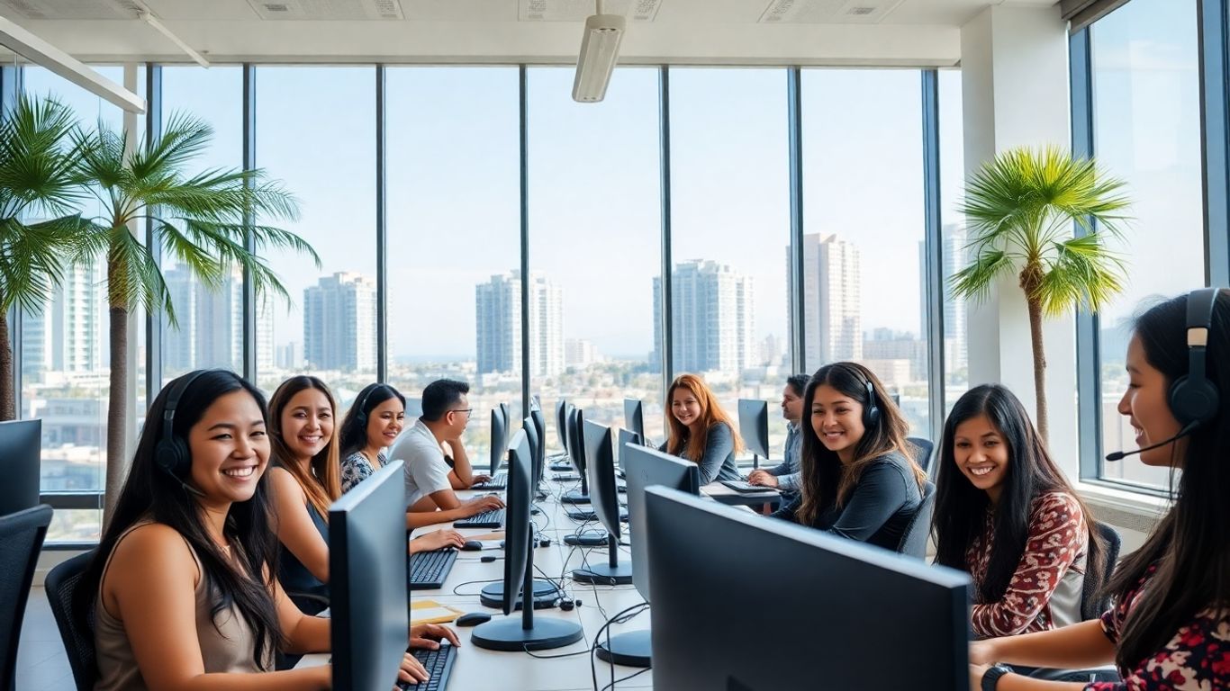 Modern Tijuana call center with diverse agents working
