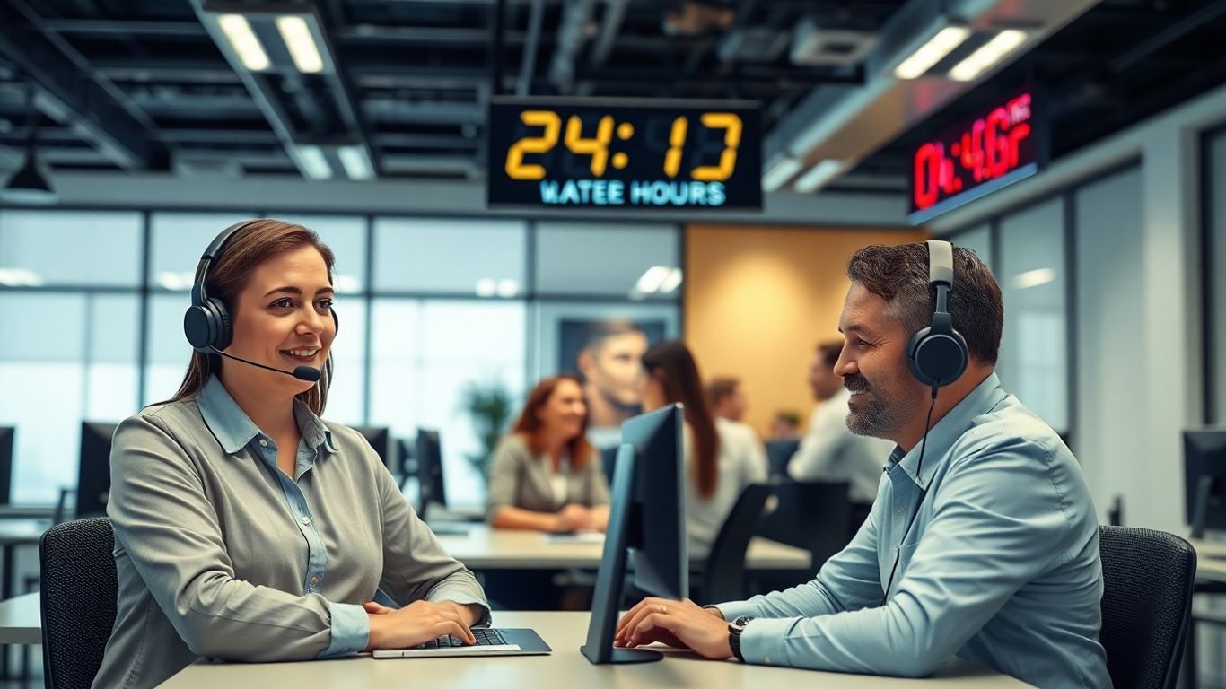 Attorneys answering calls in a modern office at night.