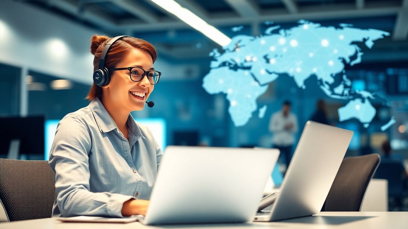 Friendly call center agent working remotely with global network