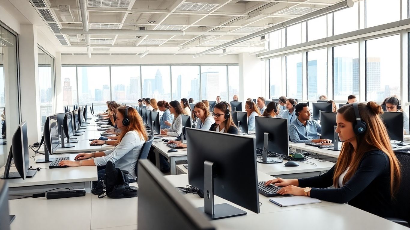 Modern American call center with focused agents working.