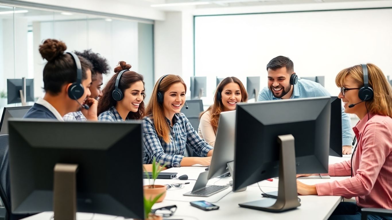 Diverse call center team collaborating in modern office