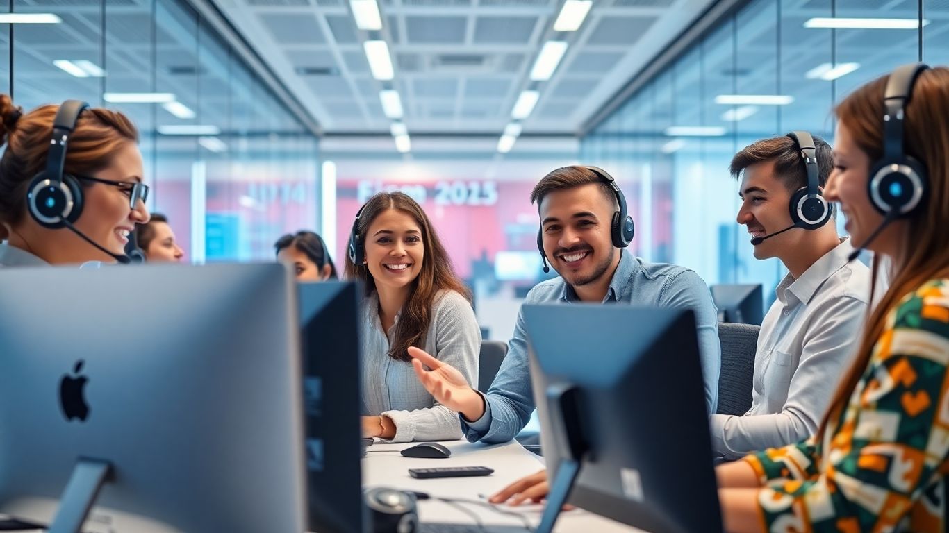 Futuristic call center team working in modern office