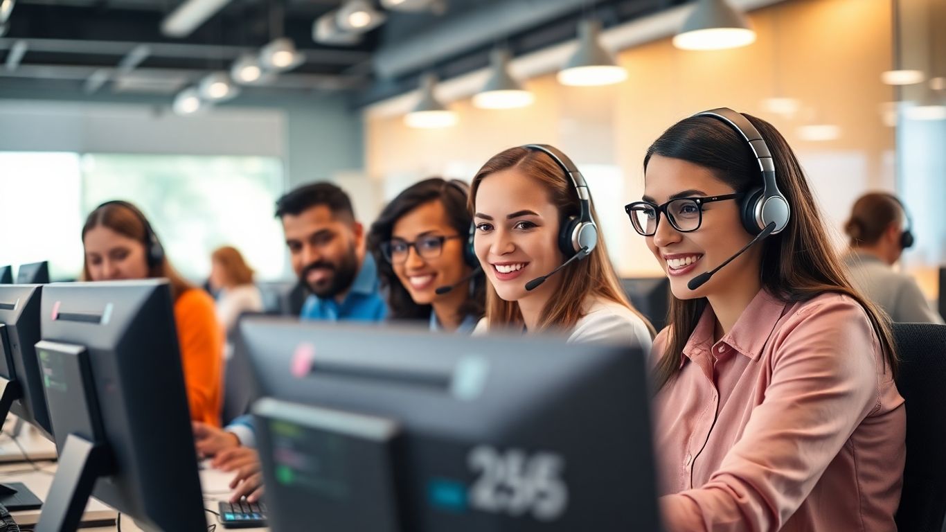 Call center team collaborating with modern technology in office