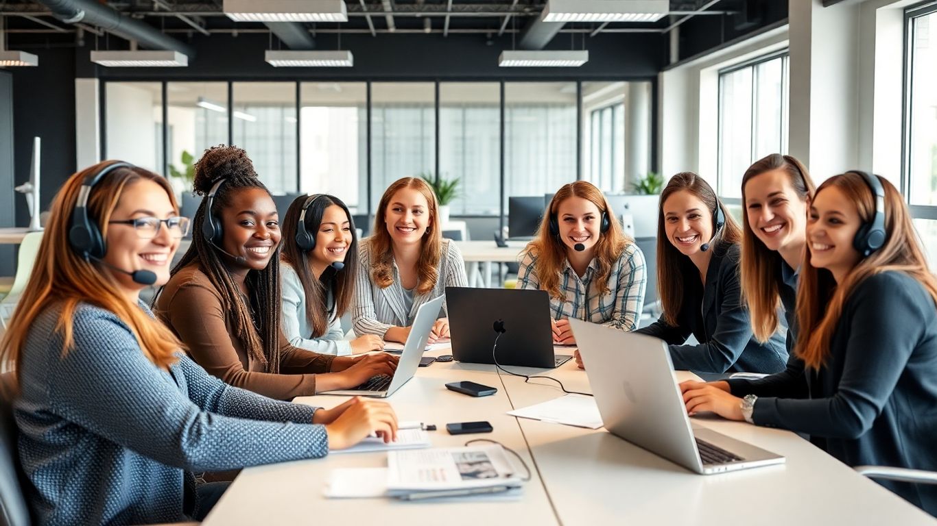 Diverse call center team collaborating in bright modern office
