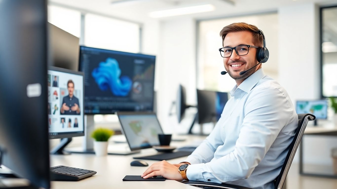 Call center consultant at desk with headsets and screens