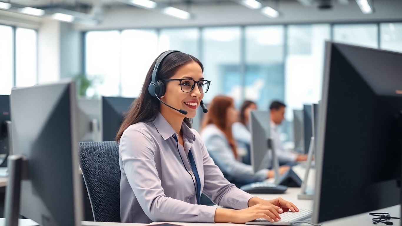 Call center consultant at modern workstation with headset