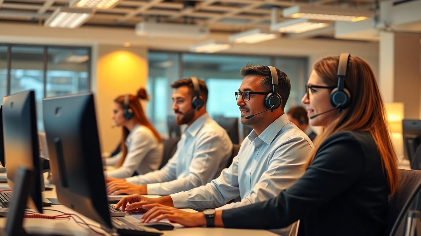 Professional call center agents working at modern office desks