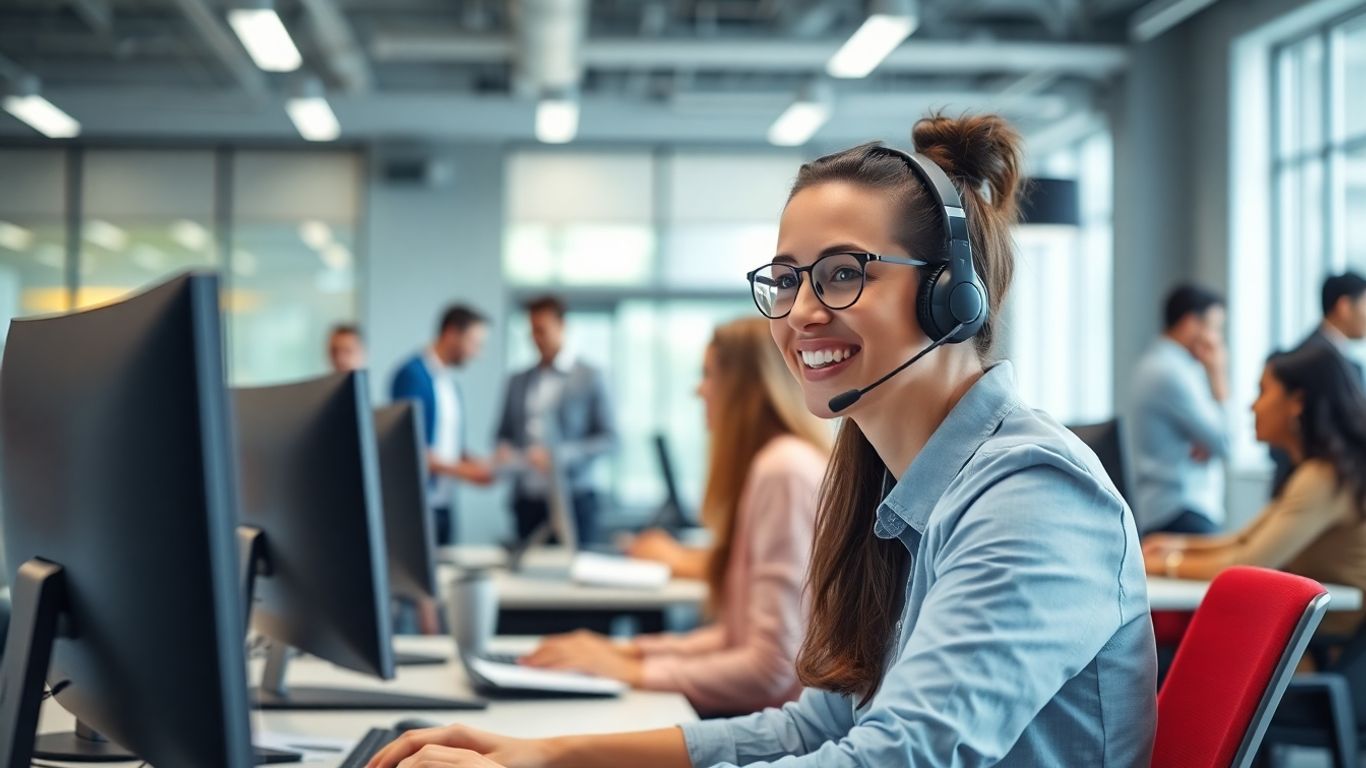 Call center consultant engaging with customer at workstation