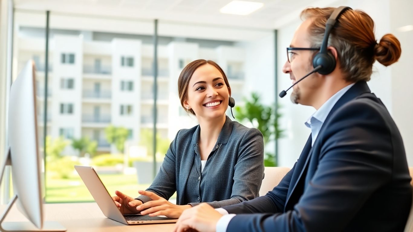 Property manager assists happy tenant in office setting