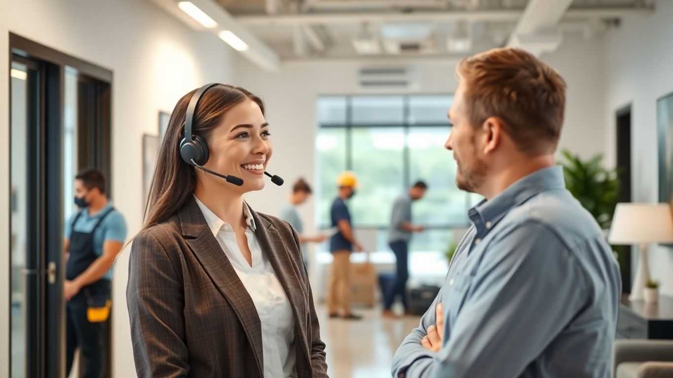 Property manager assisting happy tenant with maintenance staff nearby.