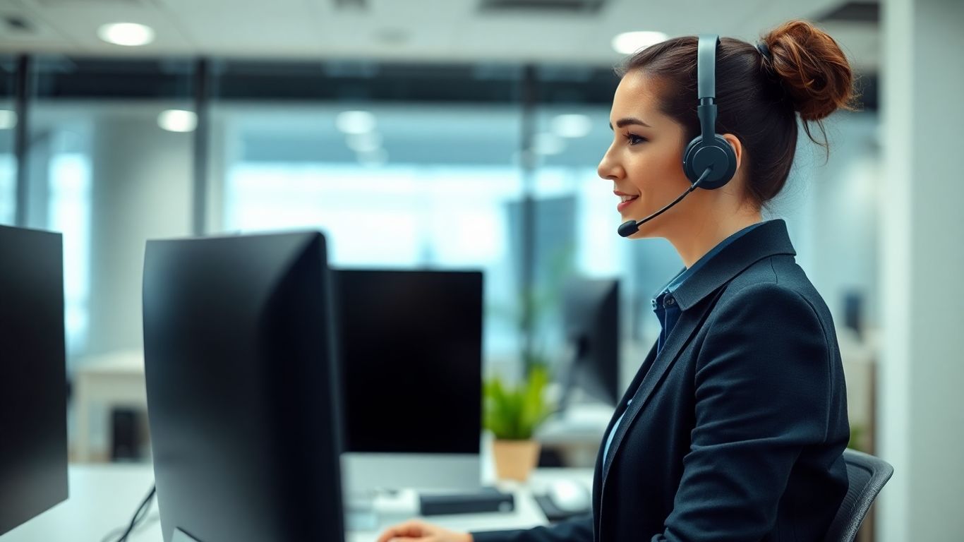 Call center agent in office handling maintenance request calls