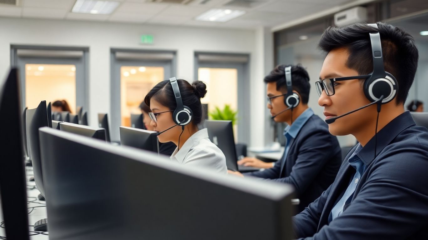 Call center agents in secure modern Philippine office.