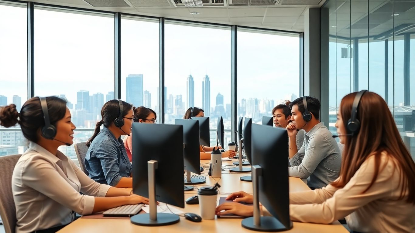 Filipino call center agents working in a modern office