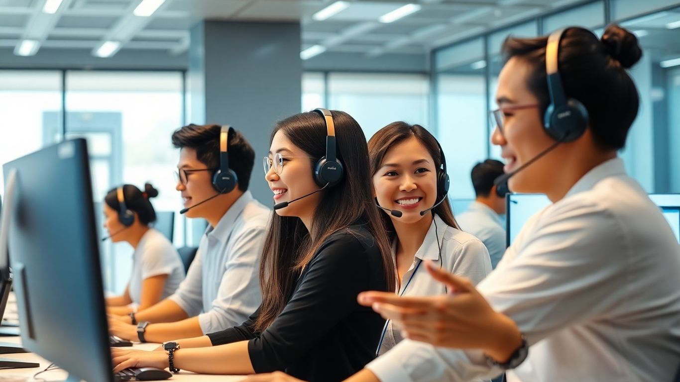Filipino call center agents working in modern office