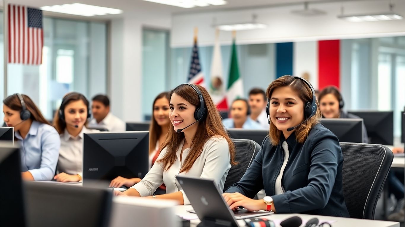 Bilingual call center agents with US and Mexican flags